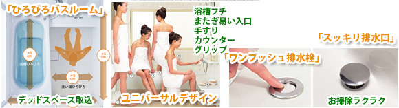 「ほっ カラリ床」水が引いて翌朝カラリ
Nタイプはカラリ床 「ひろびろバスルーム」デッドスペース取込 「スッキリドアー」 凸凹なしでお掃除ラクラク 「スッキリ排水口」 「お掃除ラクラク排水口」