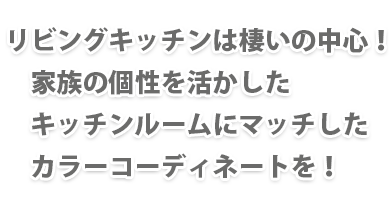 リビングキッチンは棲いの中心！　家族の個性を活かした　キッチンルームにマッチした　カラーコーディネートを！