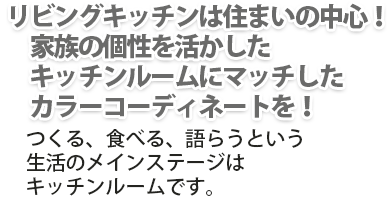 リビングキッチンは住まいの中心！　家族の個性を活かした　キッチンルームにマッチした　カラーコーディネートを！つくる、食べる、語らうという生活のメインステージはキッチンルームです。