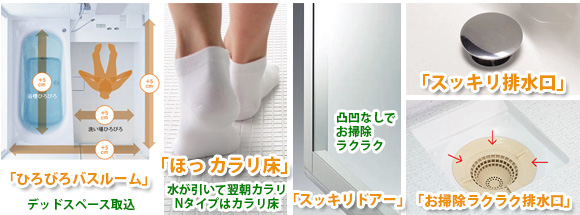 「ほっ カラリ床」水が引いて翌朝カラリ
Nタイプはカラリ床 「ひろびろバスルーム」デッドスペース取込 「スッキリドアー」 凸凹なしでお掃除ラクラク 「スッキリ排水口」 「お掃除ラクラク排水口」